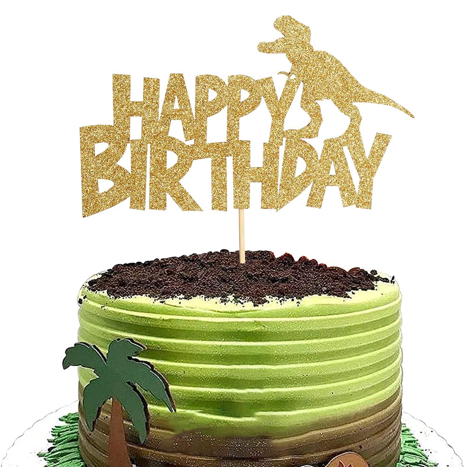 happy-bday-with-dino-topper.jpg Dinosaur Happy Birthday Gold Cake Topper - Image 1